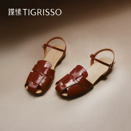 蹀愫25年夏季新款法式包头罗马凉鞋真皮外穿镂空猪笼鞋TA65306-53图片