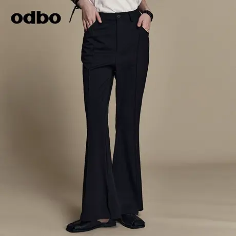 odbo/欧迪比欧黑色性感喇叭裤子女高腰显瘦修身西裤设计感微喇裤图片