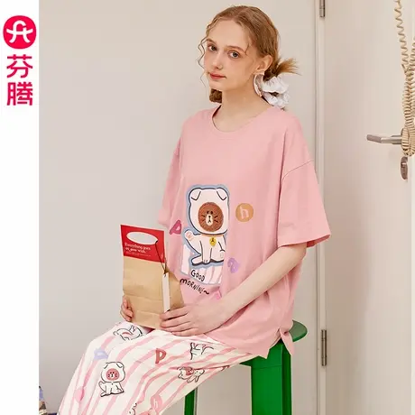 芬腾女纯棉睡衣夏季短袖套装休闲卡通图案甜美可爱大码全棉家居服商品大图