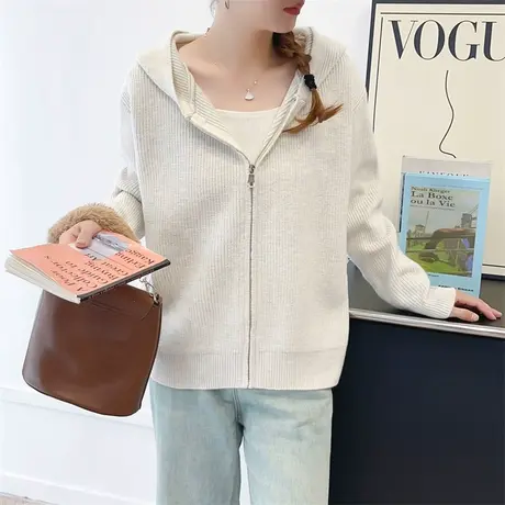 早秋针织衫连帽女毛衣外套韩版宽松百搭拉链开衫女上衣初秋新款图片