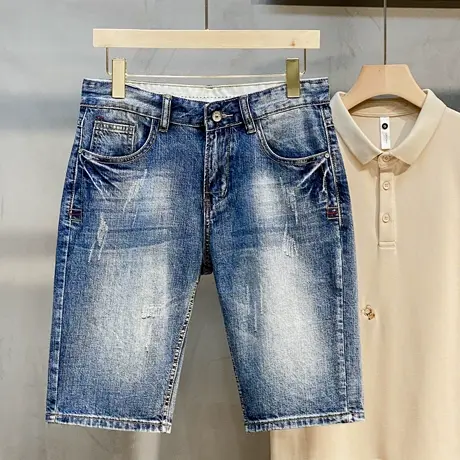 牛仔短裤男夏季薄款宽松直筒2023新款韩版潮流男士纯棉五分中裤子图片