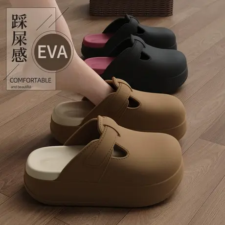 EVA踩屎感厚底洞洞鞋女夏季新款蝴蝶结纽扣玛丽珍外穿包头凉拖鞋图片