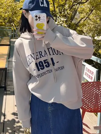 欧货连帽加绒加厚卫衣女2023秋冬新款韩版宽松休闲保暖设计感上衣商品大图