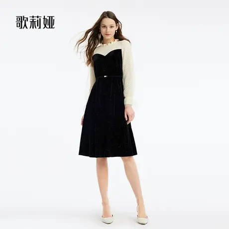 歌莉娅春秋季丝绒拼接黑色假两件长袖连衣裙女小黑裙子1B1R4K770图片