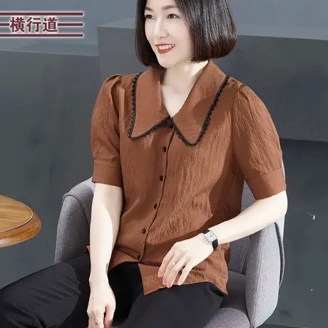 翻领排扣拼花边短袖衬衣2023新款纯色宽松简约半袖外穿大码女上衣图片