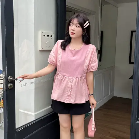 大码女装上衣2023夏季新款宽松显瘦遮肉胖妹妹洋气拼接短袖小衬衫图片