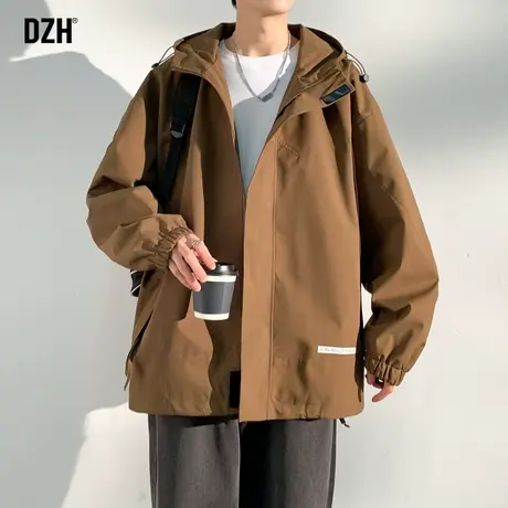 男士咖色连帽风衣外套男秋季美式复古男装2023新款工装夹克冲锋衣商品大图