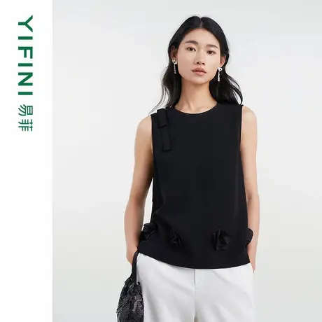 [专柜同款]Yifini/易菲醋酸无袖宽松立体花朵短款套头小衫背心女图片