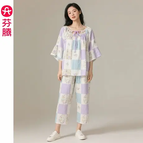 芬腾女士睡衣夏季新款中袖套装女款薄款透气休闲大码可外穿家居服商品大图