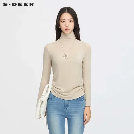 sdeer圣迪奥女装25年新品时尚高领抽绳打底长袖T恤S253Z0202商品大图