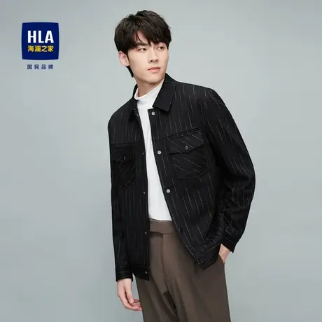 HLA/海澜之家竖条纹衬衫夹克秋季翻领工装风明线休闲挺括外套男图片