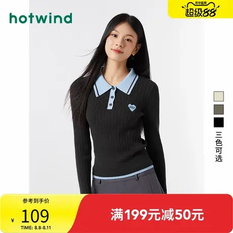 热风2024年春季新款女士学院风撞色翻领针织衫百搭修身POLO领长袖商品大图