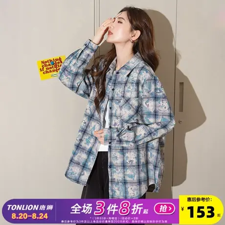 唐狮2025年新款长袖衬衫女蓝色格子扎染朋克复古慵懒风休闲上衣bl图片