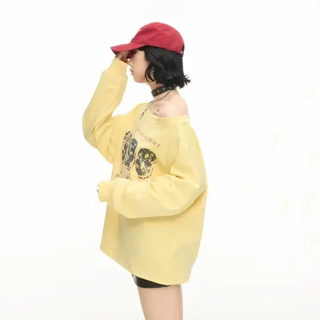 美式复古数字印花斜肩卫衣女春秋新款潮牌设计感辣妹露肩显瘦上衣商品大图