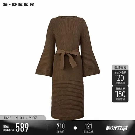 sdeer圣迪奥冬季女装罗纹圆领收腰喇叭袖针织连衣裙S24481214图片