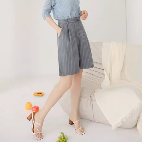 桔熊夏季通勤休闲不易皱条纹压褶高腰西装五分裤子女大码BA7061商品大图