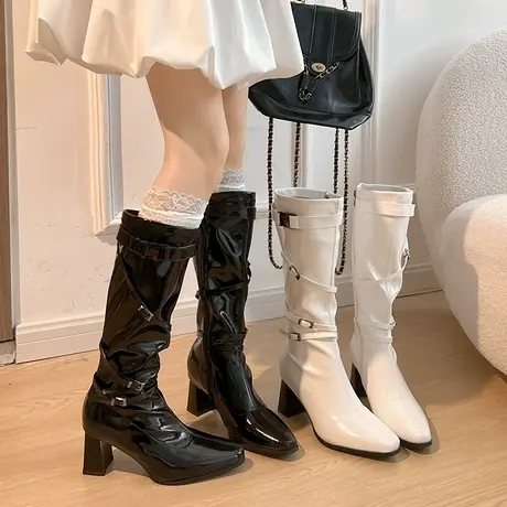 尖头高跟长筒靴女2025新款秋季白色靴子粗跟显瘦皮带扣高筒骑士靴商品大图