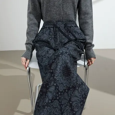 复古印花阔腿裤女2025秋季高腰显瘦宽松垂感抽绳松紧腰休闲直筒裤商品大图