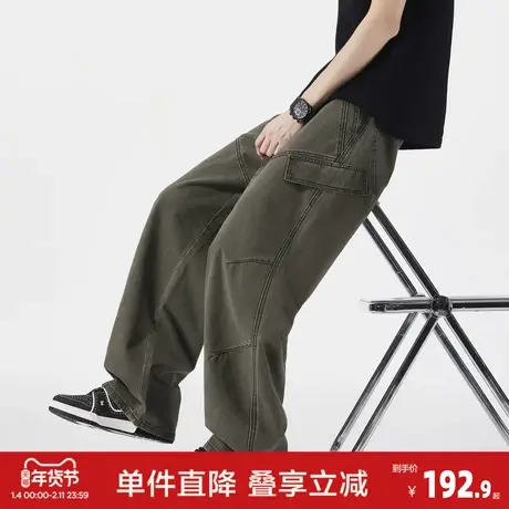 唐狮2026春季男工装牛仔长裤灰茶绿直筒牛仔裤设计感显瘦慵懒风潮商品大图