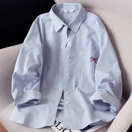 唐狮秋季衬衫女新款长袖条纹日常可爱宽松上衣高级外套通勤休闲TM商品大图