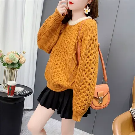 日系复古麻花圆领毛衣女秋冬2022年新款宽松慵懒风设计感针织上衣商品大图