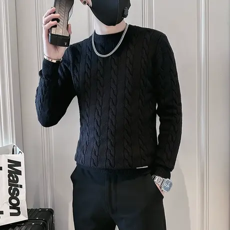 圆领毛衣男秋冬纯色针织衫2023新款小众提花条纹潮牌修身内搭线衣商品大图