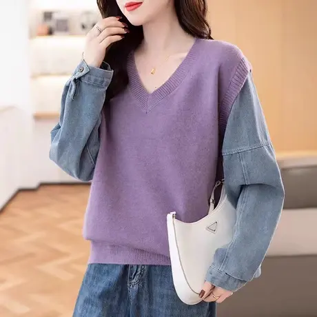 超好看毛衣女秋冬2023新款衣服秋季外套针织衫牛仔拼接假两件上衣图片