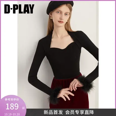 DPLAY2023秋冬轻奢名媛黑色美背宫廷领氛围感羽毛拼接修身针织衫商品大图