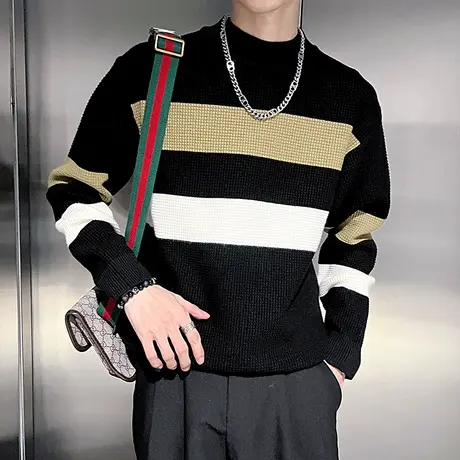 撞色条纹半高领毛衣男ins秋冬新款宽松休闲轻熟风套头毛线针织衫商品大图