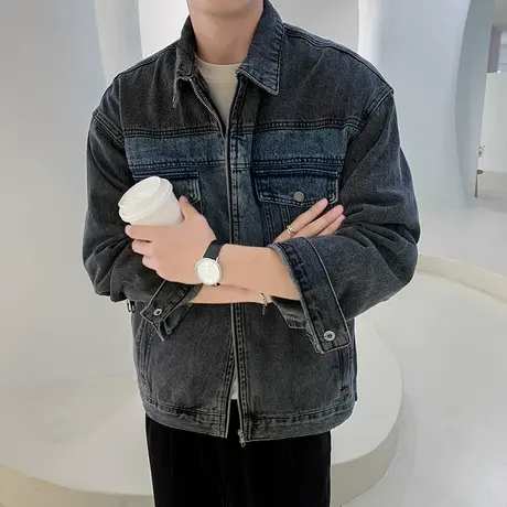 男装2023秋装新款外套复古水洗男士牛仔夹克潮牌翻领长袖帅气外套图片