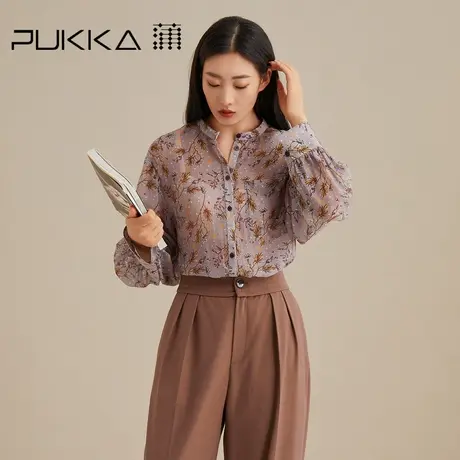 蒲PUKKA 印花衬衫女秋装新款宽松休闲圆领长袖复古碎花衬衣图片