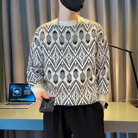 高级感花色菱格提花毛衣男秋冬季新款青年套头针织衫潮流打底线衣商品大图