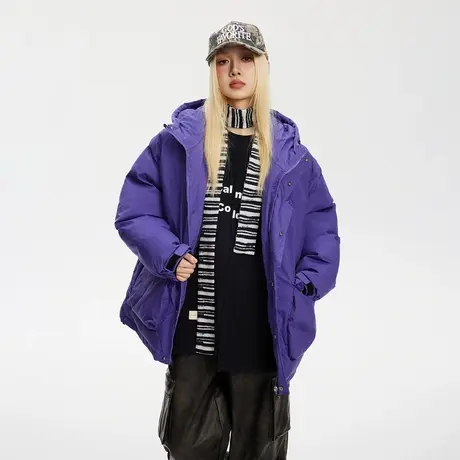 潮牌复古连帽棉服女冬季加厚外套2023新款纯色宽松面包服保暖棉衣商品大图