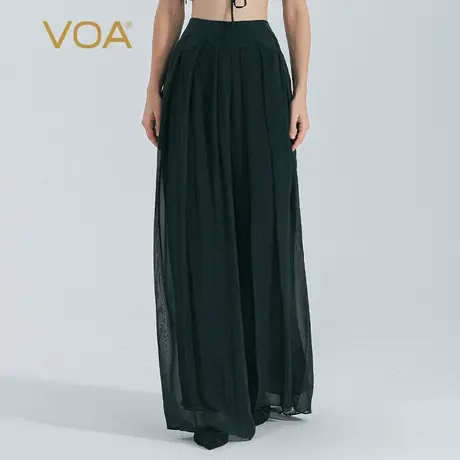 VOA深松绿双层乔其桑蚕丝自然腰拼接重磅真丝侧口袋百搭宽腿裙裤图片