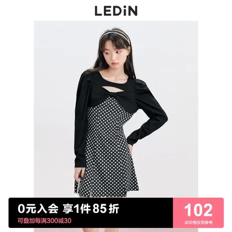 乐町蝴蝶结拼接连衣裙夏季新款早春女碎花波点镂空长袖裙子图片