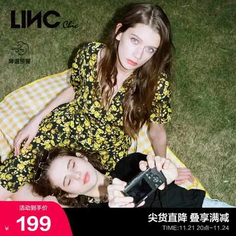LINCCHIC金羽杰连衣裙时髦印花V领碎花连衣裙女S212DR348图片