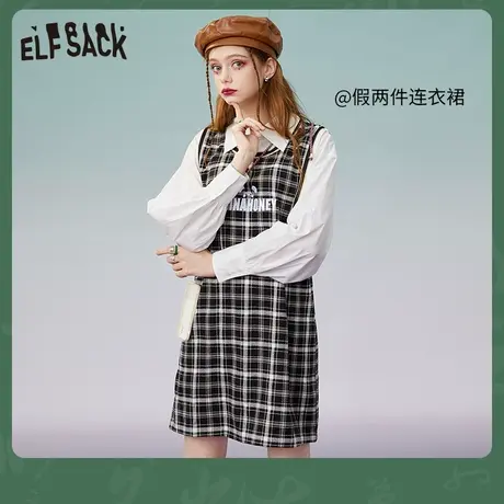【新款】妖精的口袋学院风假两件格子衬衫长袖连衣裙女2023秋潮商品大图