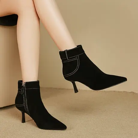 气质尖头短靴女细高跟优雅增高显瘦修腿磨砂羊皮冬季保暖真皮女靴图片