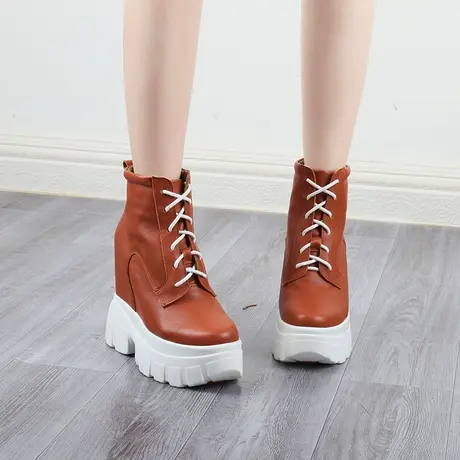 小个子13cm内增高马丁靴女棕色牛皮短靴厚底松糕鞋超高跟真皮女鞋商品大图