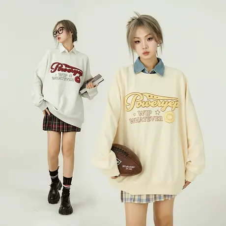 yep美式复古卫衣女春秋加厚宽松ins潮牌秋冬印花无帽上衣圆领女款商品大图