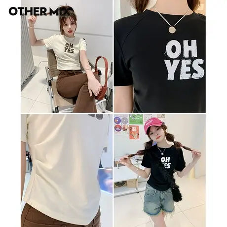 Othermix修身显瘦短款T恤女2023夏新款韩版印花字母短袖圆领上衣图片