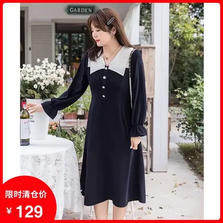 【清仓】装新款蕾丝拼接v领收腰显瘦胖MM大码连衣裙长款雪纺A字裙商品大图