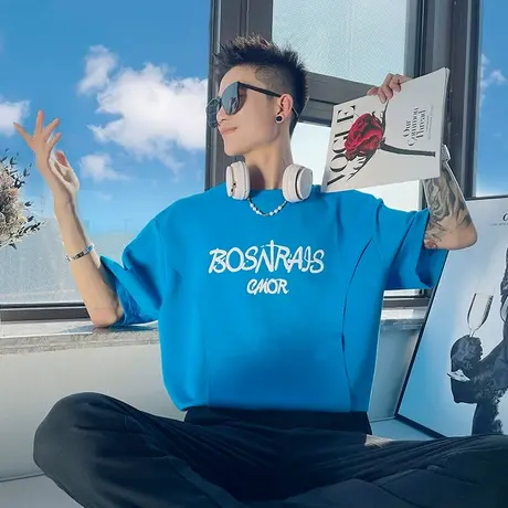 夏季男士t恤短袖宽松半袖潮流潮牌设计个拼接时尚休闲重磅ins体恤商品大图