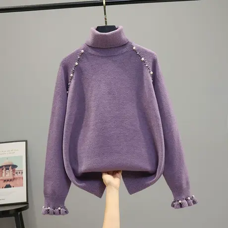 高领针织衫毛衣女士针织衫韩版宽松2023春装新款纯色长袖打底上衣商品大图