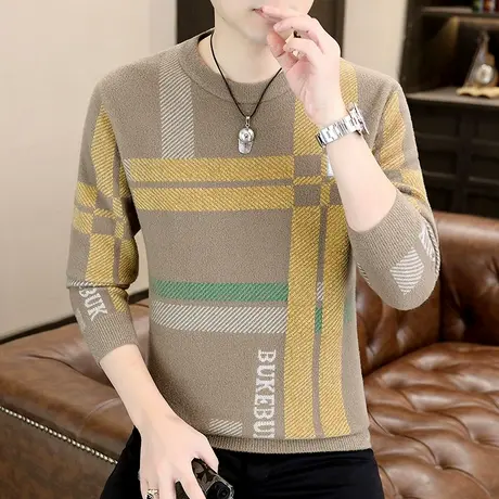 圆领毛衣男秋冬季加厚内搭针织衫上衣ins潮牌撞色条纹时尚线衣服商品大图