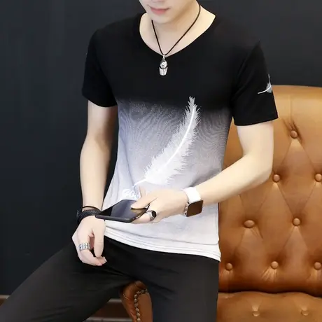 2025新款夏季男士短袖t恤V领修身男潮流个性棉感半袖体桖衣服潮牌商品大图