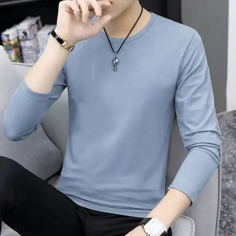 莫代尔长袖t恤男圆领上衣服纯色潮流修身秋季内搭打底衫薄款秋衣商品大图