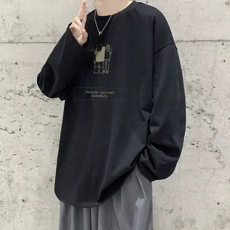 长袖t恤男秋季薄款宽松美式涂鸦小众设计感圆领简约运动棉感秋衣商品大图