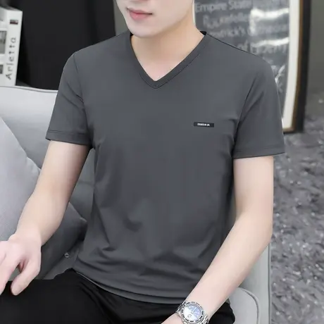 莫代尔短袖t恤男装V领潮流夏季冰丝速干凉感半袖上衣服打底衫体恤商品大图