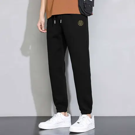 春夏季长裤子男休闲运动裤韩版潮流百搭九分小脚束脚抽绳黑色卫裤商品大图